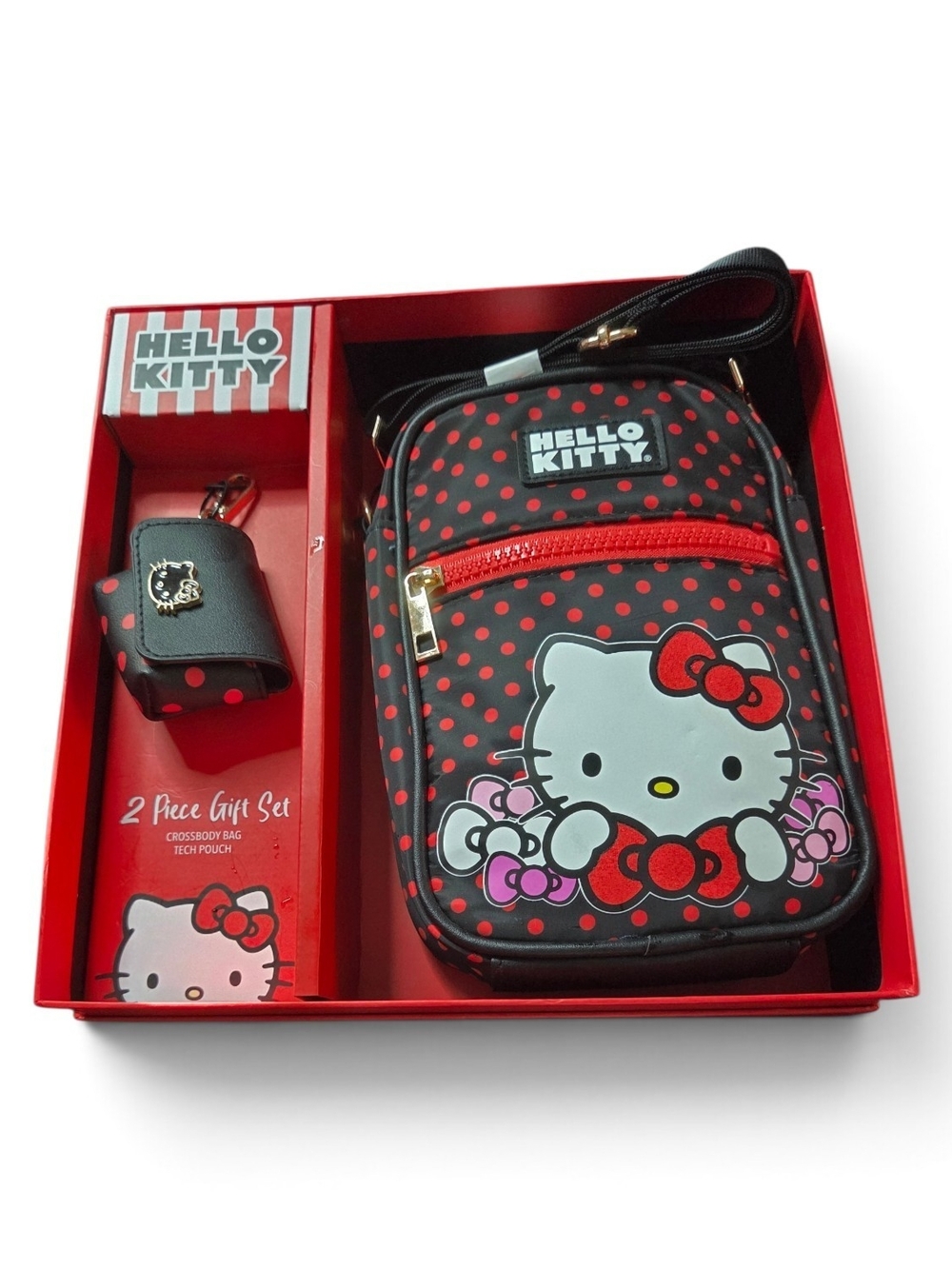 Hello Kitty Black & Red Polka Dot Crossbody Phone Bag with Matching Tech Pouch
